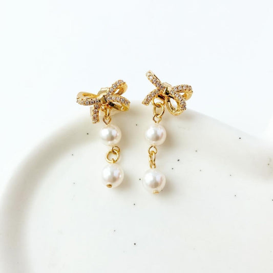 2way2連パールリボンバックキャッチピアス A22