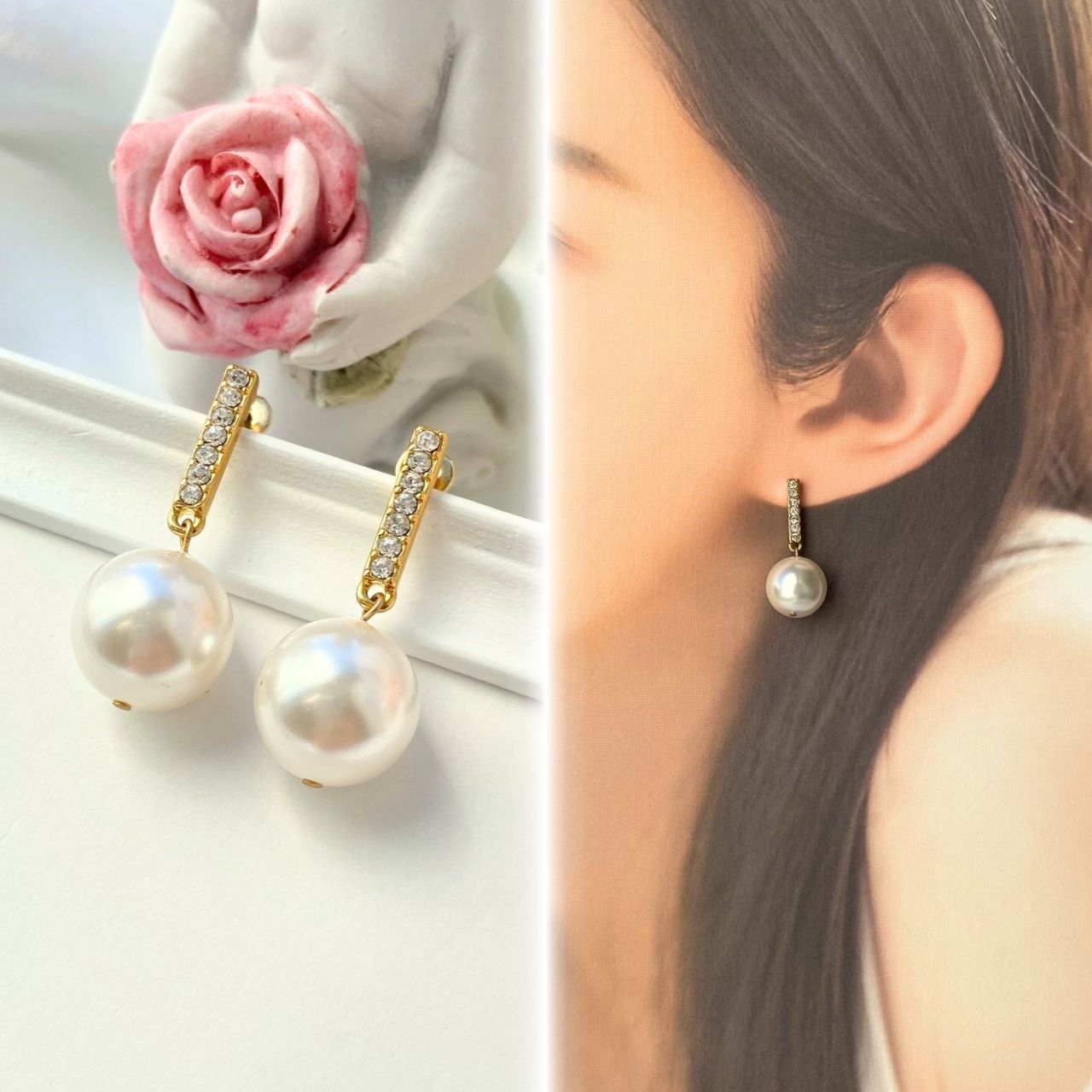 12mmパールロングラインストーンピアス