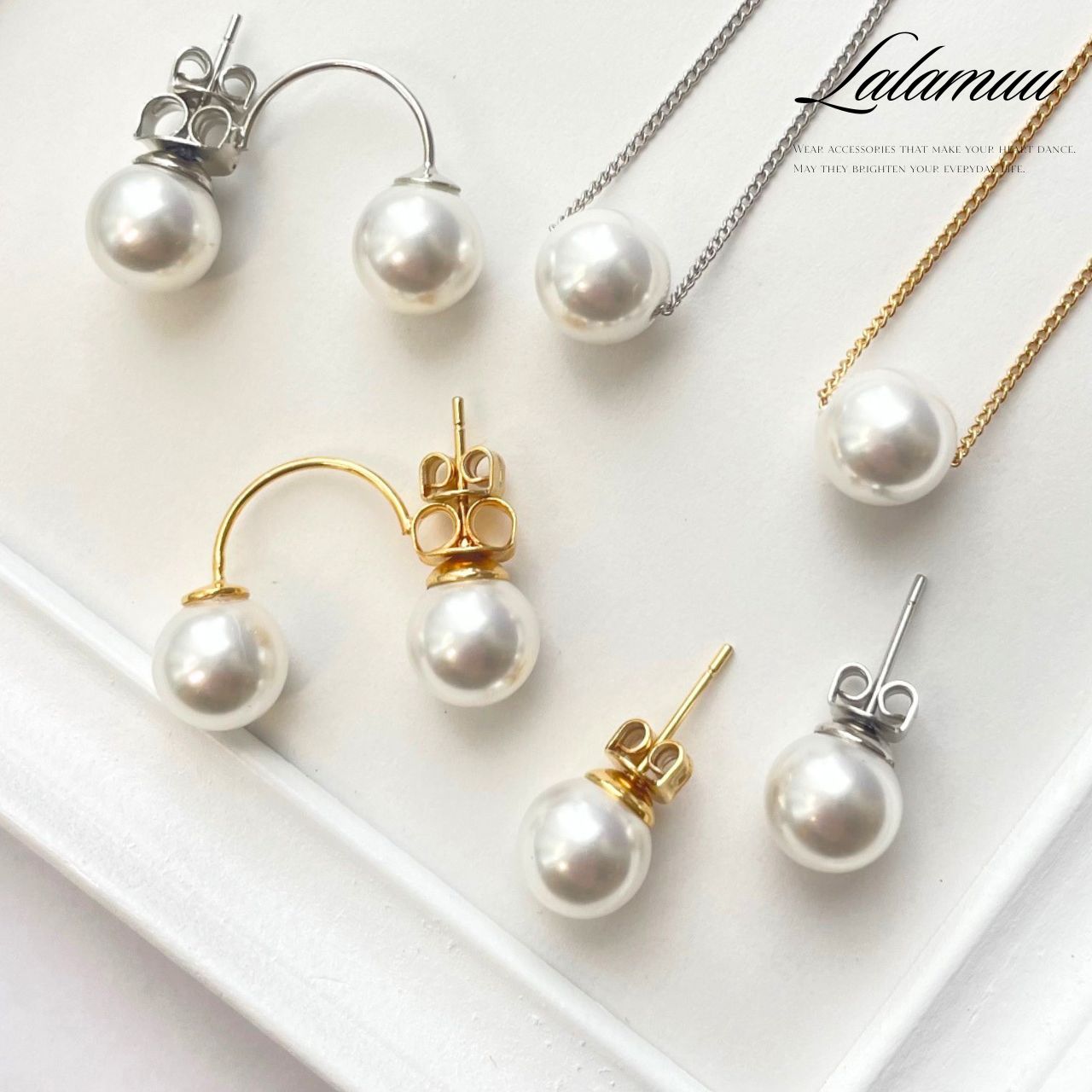 2wayパールピアス&ネックレス セット（6mm/8mm） ゴールド/シルバー