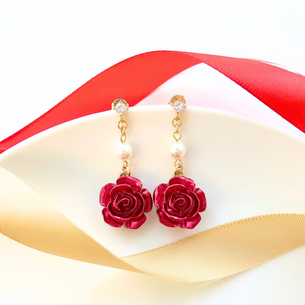 ローズ×パールジルコニアピアス A85