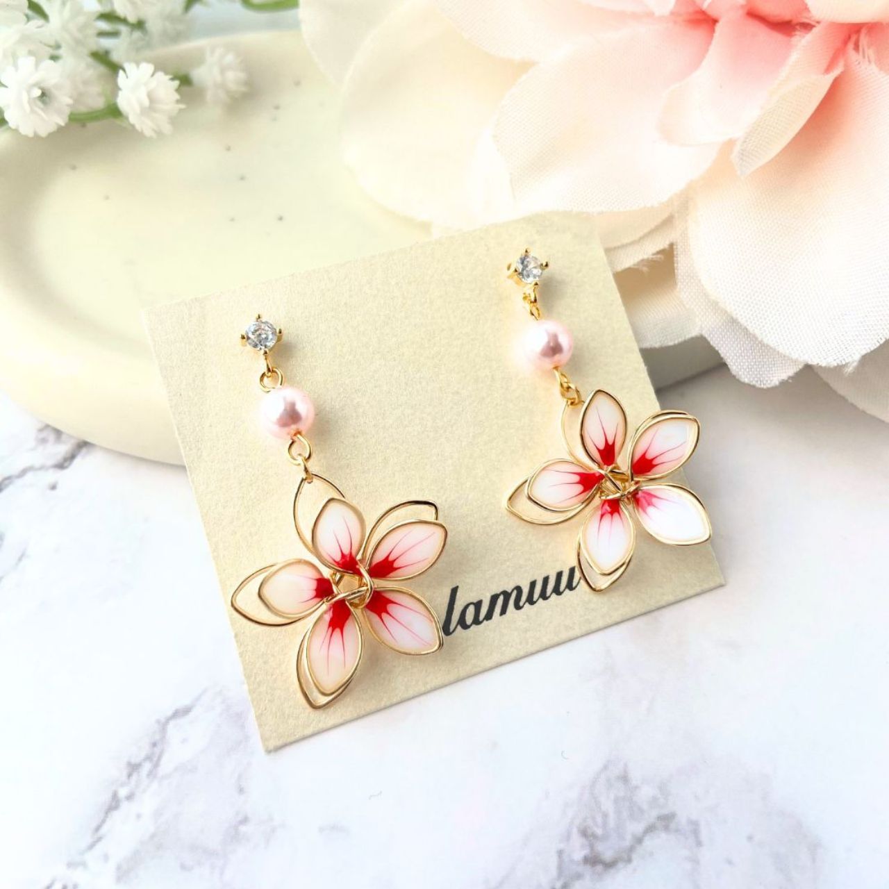 ワイヤー桜×ピンクパールピアス　A42
