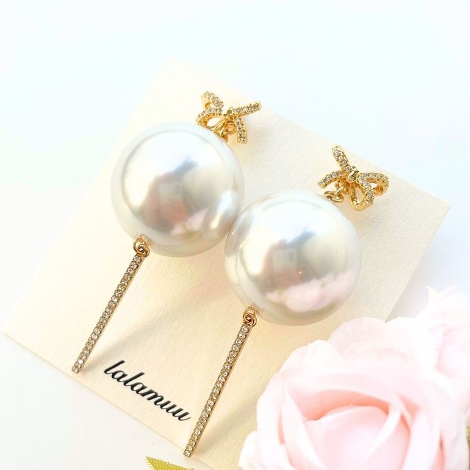 【2way】リボン 大粒パールピアス