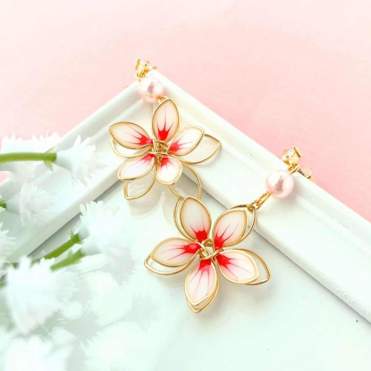 ワイヤー桜×ピンクパールピアス　A42