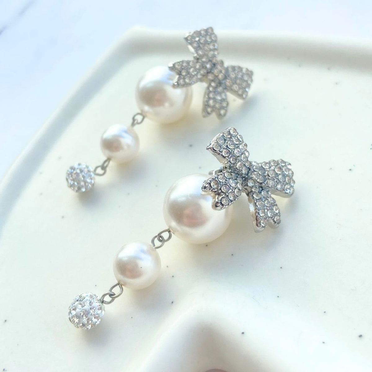 2way リボン×ダブルパール×パヴェボールピアス