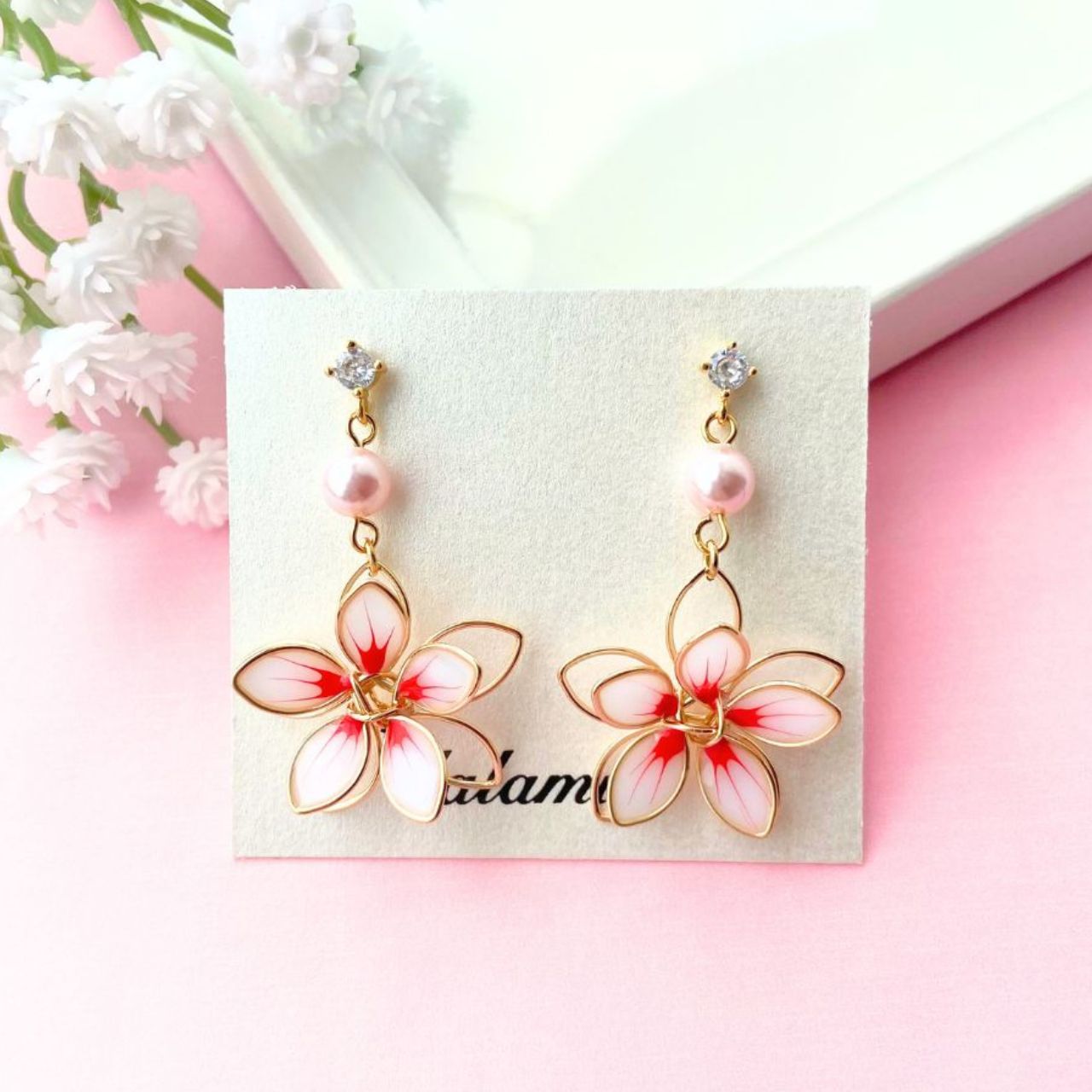 ワイヤー桜×ピンクパールピアス　A42