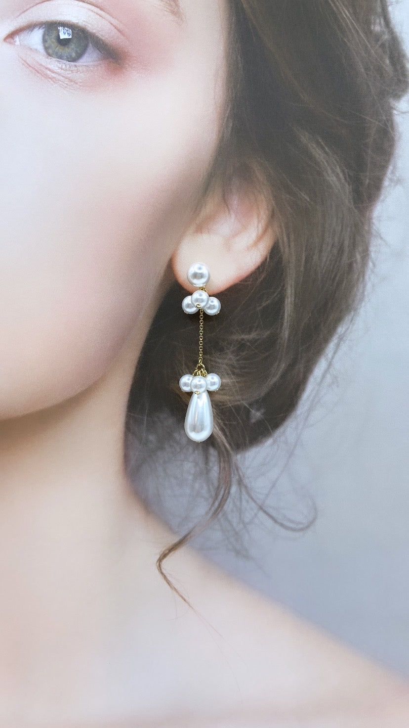 2連バブルパールドロップバックキャッチゴールドピアス#859